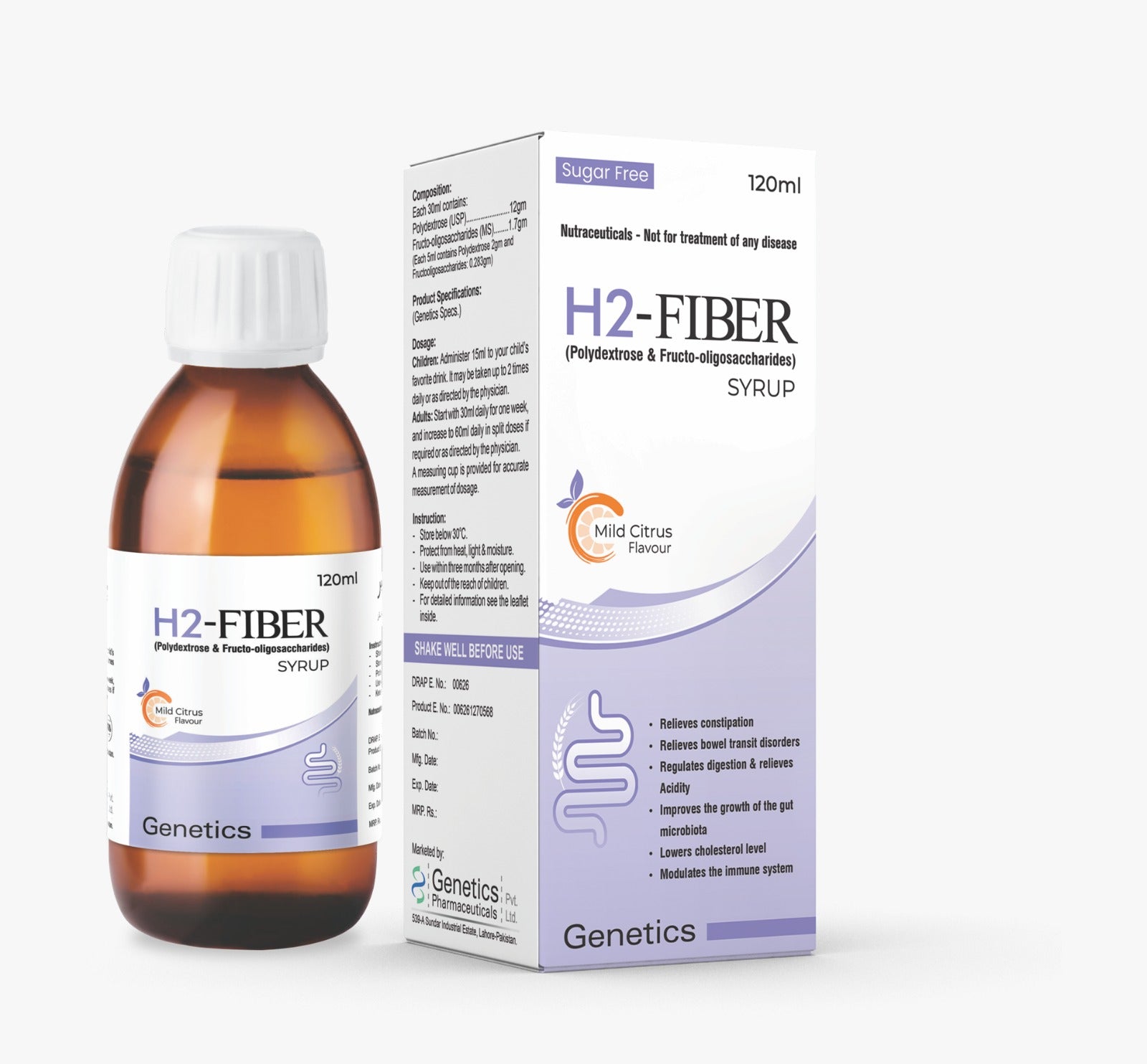 H2-Fiber syrup bottle and packaging on a white background. Liquid Fiber Syrup for Constipation